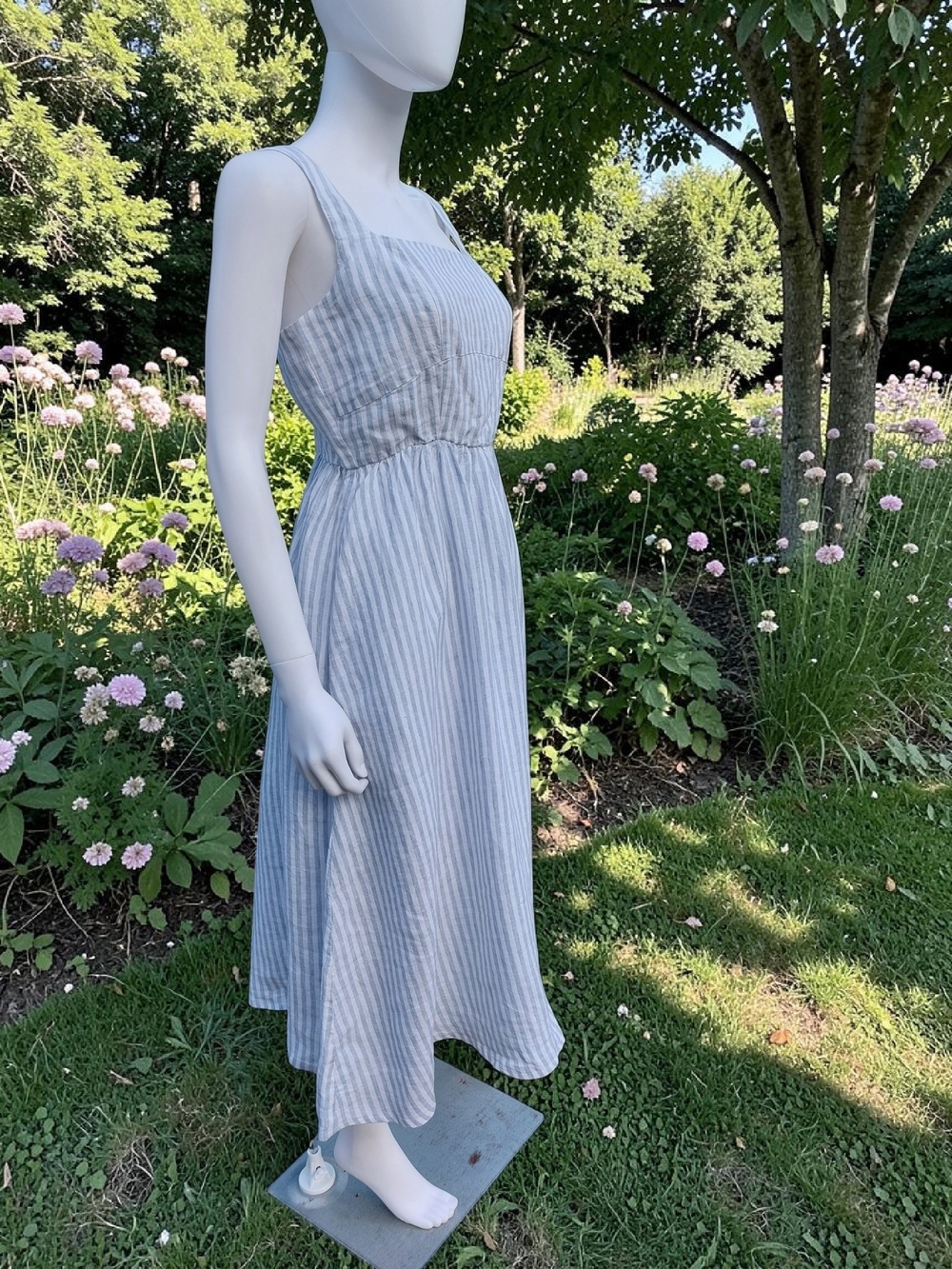 Quince 100% European Linen Fit & Flare Midi Dress Sky Blue Mariner Stripe S NWT - Picture 3 of 16